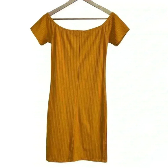 Say What? Mustard Brown Off The Shoulder Ribbed Midi Dress Women Size Medium - Picture 2 of 9
